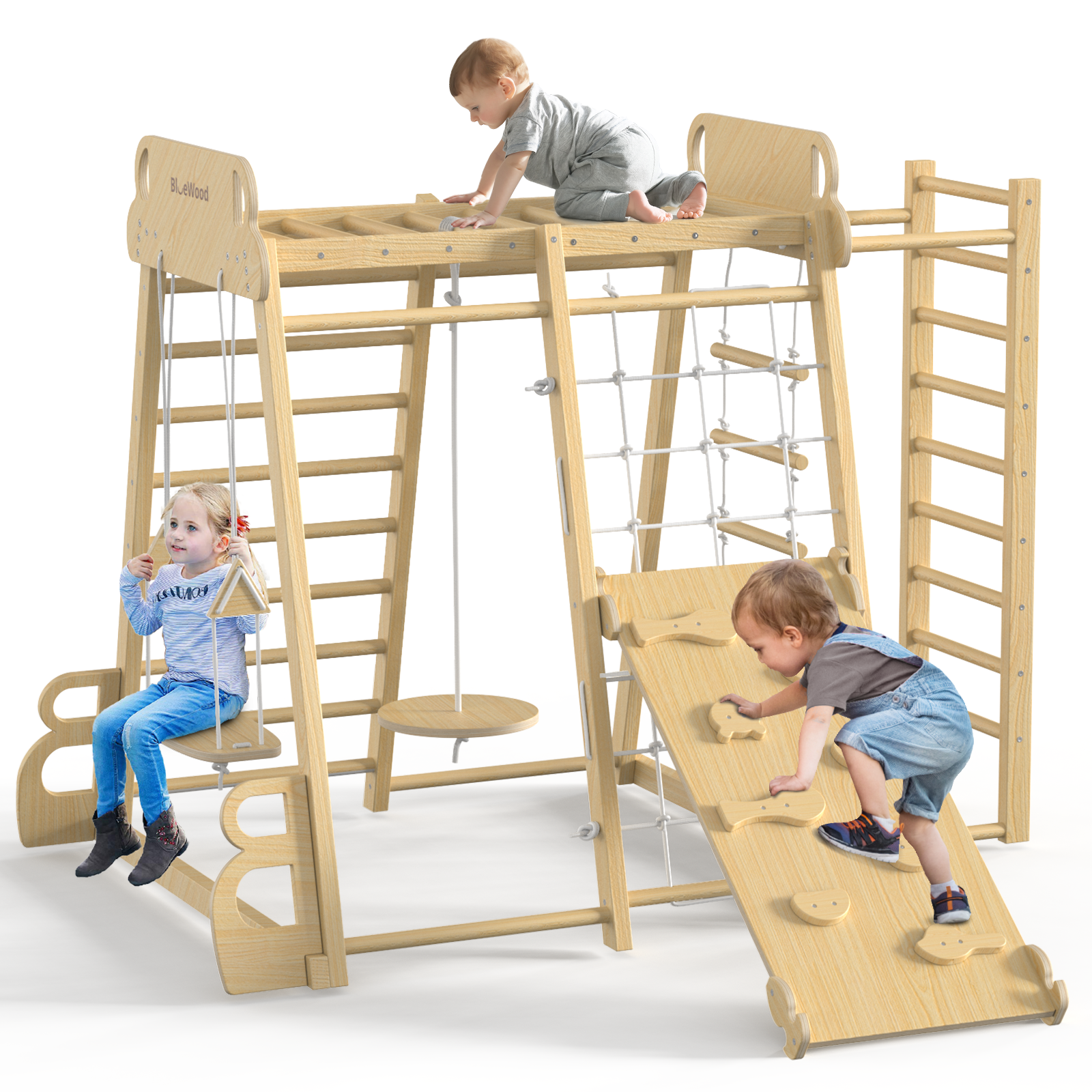 Safari Land - Juegos de columpios para gimnasios de jungla de interior BlueWood® *Tono de madera natural